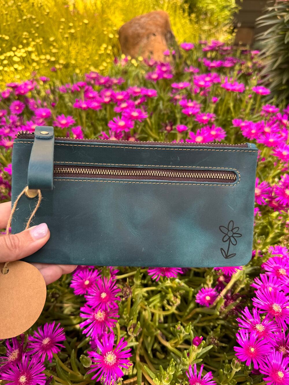 Genuine Leather Ocean Blue Dark Makeup Clutch Bag Pouch Leather Wristlet Bag